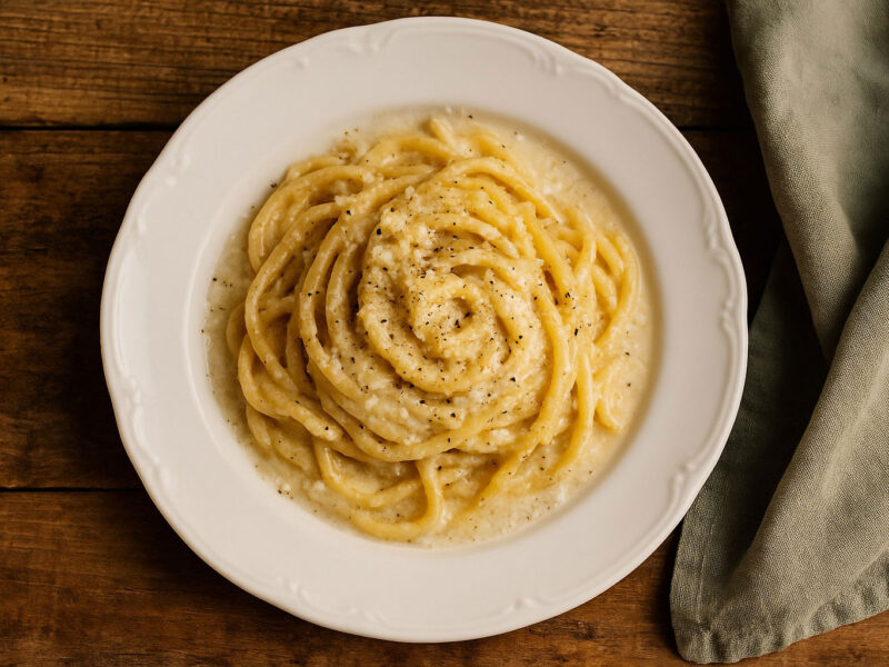Obere Draufsicht einer kunstvoll angerichteten Cacio e Pepe auf weißem Teller, serviert auf einem rustikalen Holztisch. Die goldgelben Nudeln sind in einer cremigen Pecorino-Pfeffer-Sauce eingerollt.