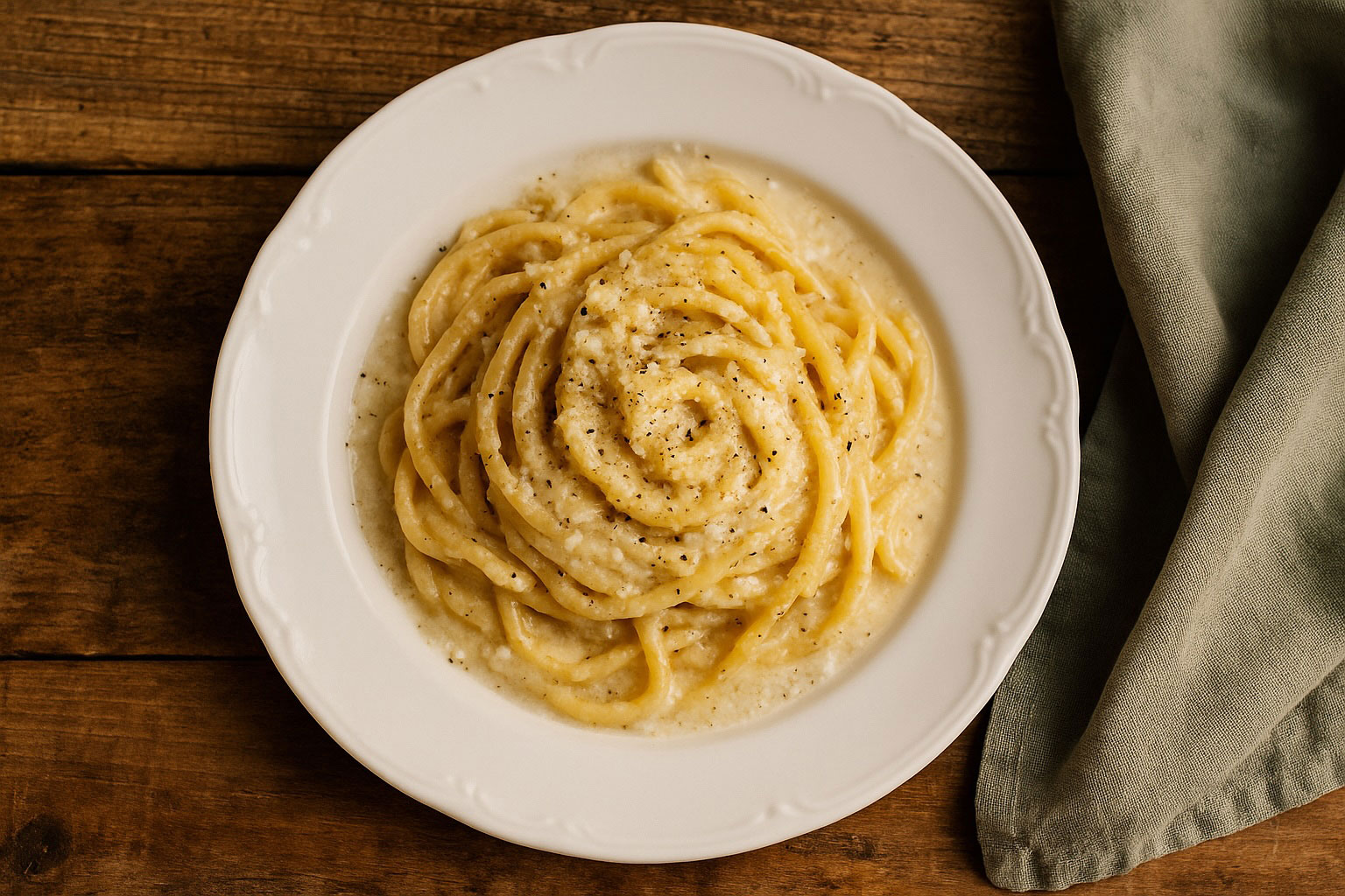 Obere Draufsicht einer kunstvoll angerichteten Cacio e Pepe auf weißem Teller, serviert auf einem rustikalen Holztisch. Die goldgelben Nudeln sind in einer cremigen Pecorino-Pfeffer-Sauce eingerollt.