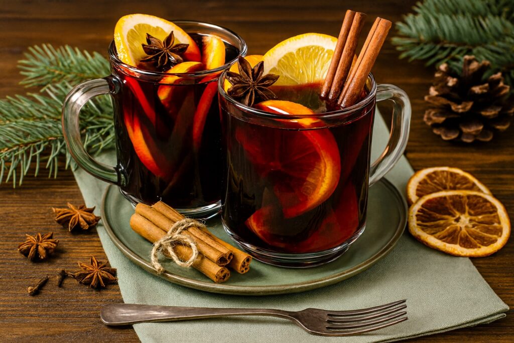 Zwei Gläser mit selbstgemachtem Vin Brulé, garniert mit Zimt, Sternanis und Zitrusfrüchten auf rustikalem Holztisch