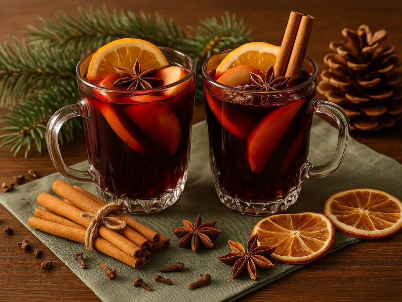 Zwei Gläser Vin Brulé mit Orangenscheiben, Apfelspalten, Zimtstangen und Sternanis auf Holztisch – dekoriert mit Tannenzweigen und Gewürzen