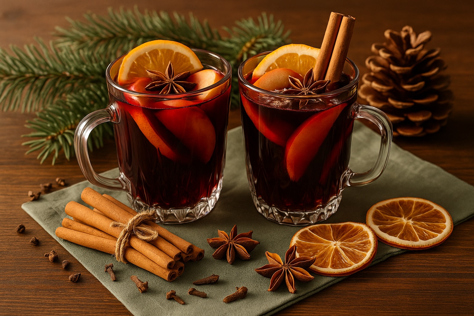 Zwei Gläser Vin Brulé mit Orangenscheiben, Apfelspalten, Zimtstangen und Sternanis auf Holztisch – dekoriert mit Tannenzweigen und Gewürzen