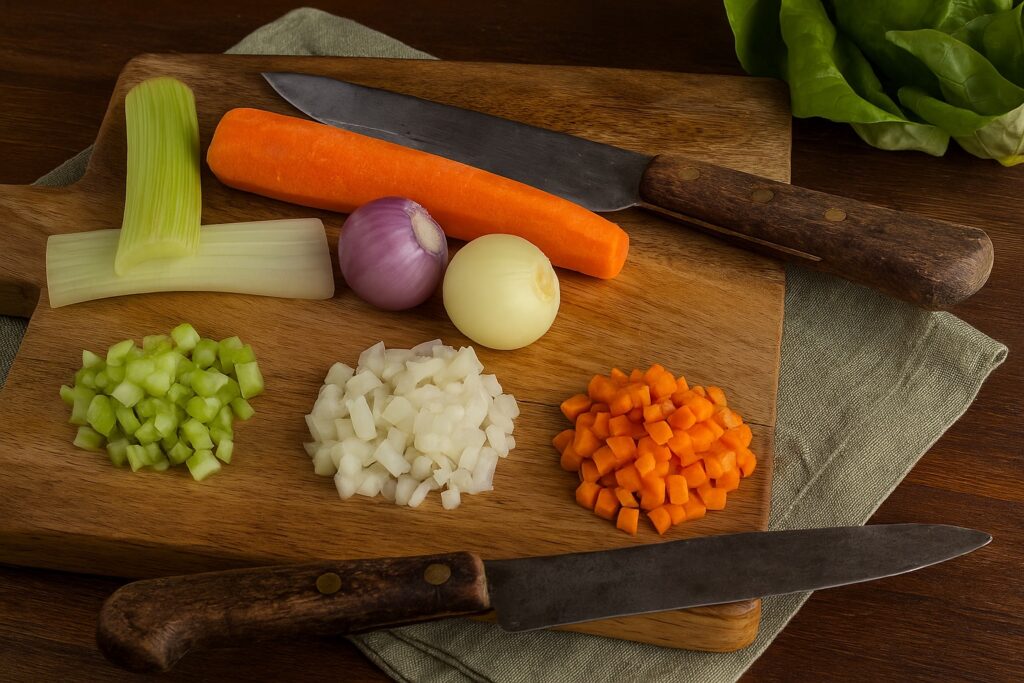 Frisches Gemüse für Soffritto: Sellerie, Zwiebeln und Karotten – roh und teilweise gewürfelt auf einem Holzbrett mit Küchenmesser.