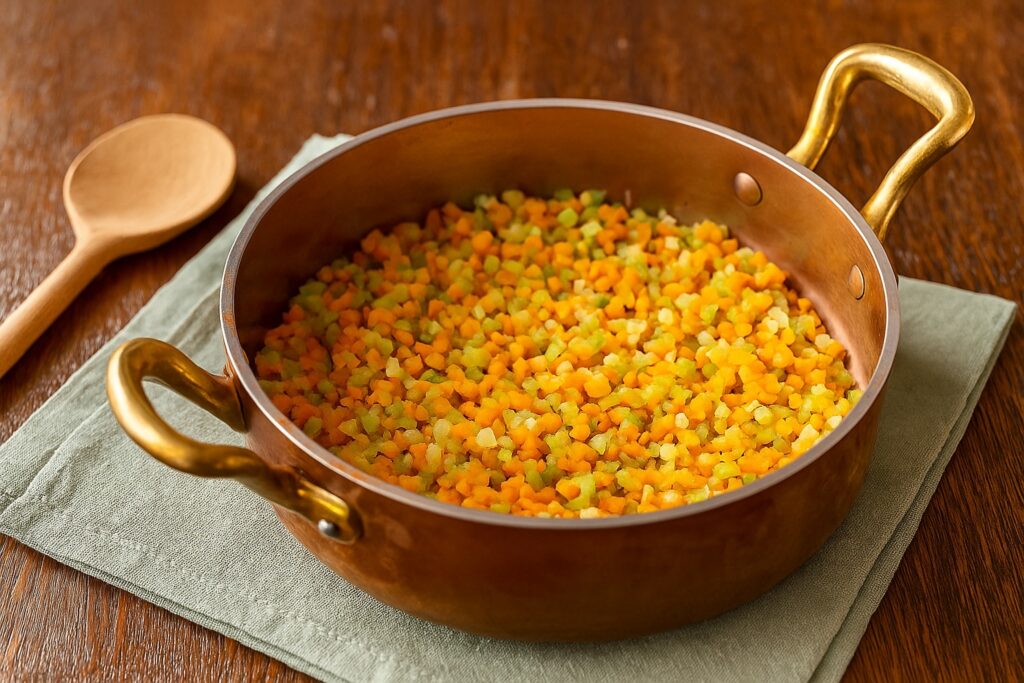 Fein gewürfelte Karotten, Zwiebeln und Sellerie in einer traditionellen Kupferpfanne – klassische Vorbereitung für italienisches Soffritto.