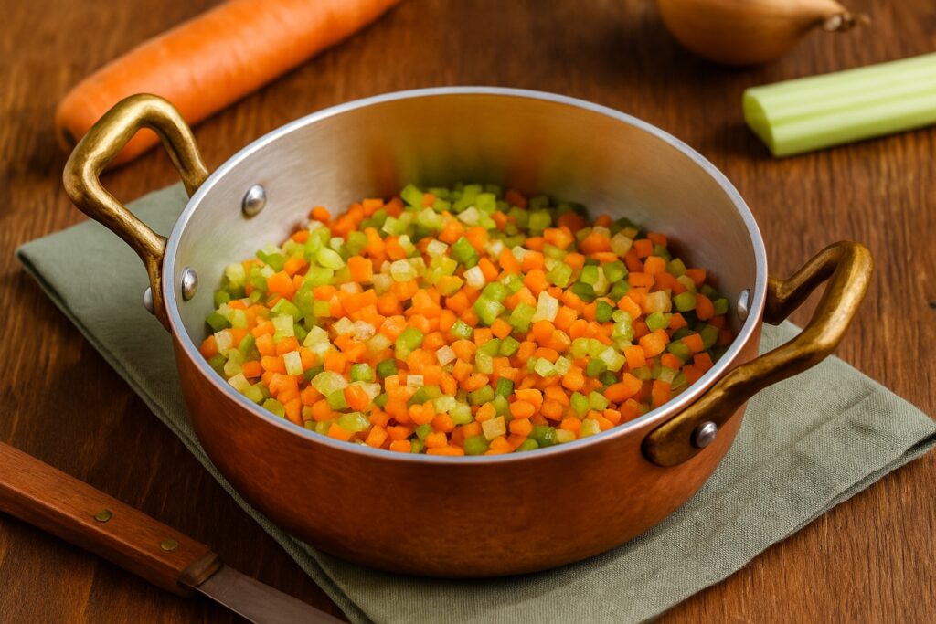 Italienisches Soffritto beim Andünsten in Olivenöl – aromatische Gemüsewürfel in einer Pfanne mit Holzlöffel.