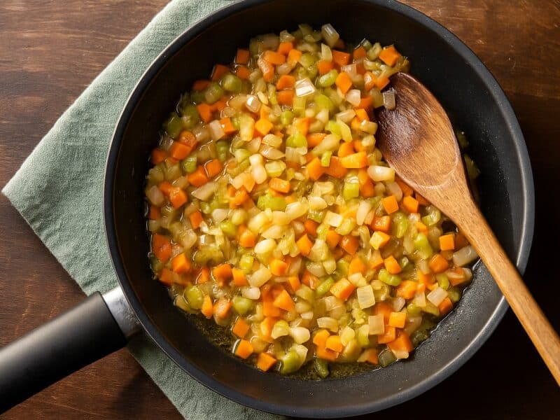Italienisches Soffritto in der Pfanne – Zwiebel, Sellerie und Karotte werden langsam in Olivenöl gegart, die klassische Geschmacksbasis der italienischen Küche.