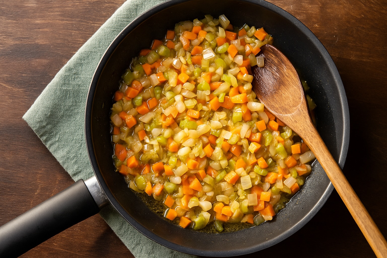 Italienisches Soffritto in der Pfanne – Zwiebel, Sellerie und Karotte werden langsam in Olivenöl gegart, die klassische Geschmacksbasis der italienischen Küche.