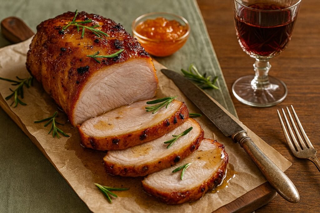 Italienischer Braten mit Rosmarin aufgeschnitten, angerichtet auf Holzbrett mit Rotwein und Aprikosenkonfitüre.