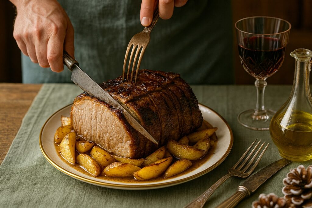 Traditioneller Schweinebraten mit Kartoffeln, frisch aufgeschnitten am Tisch mit Rotwein und Olivenöl.