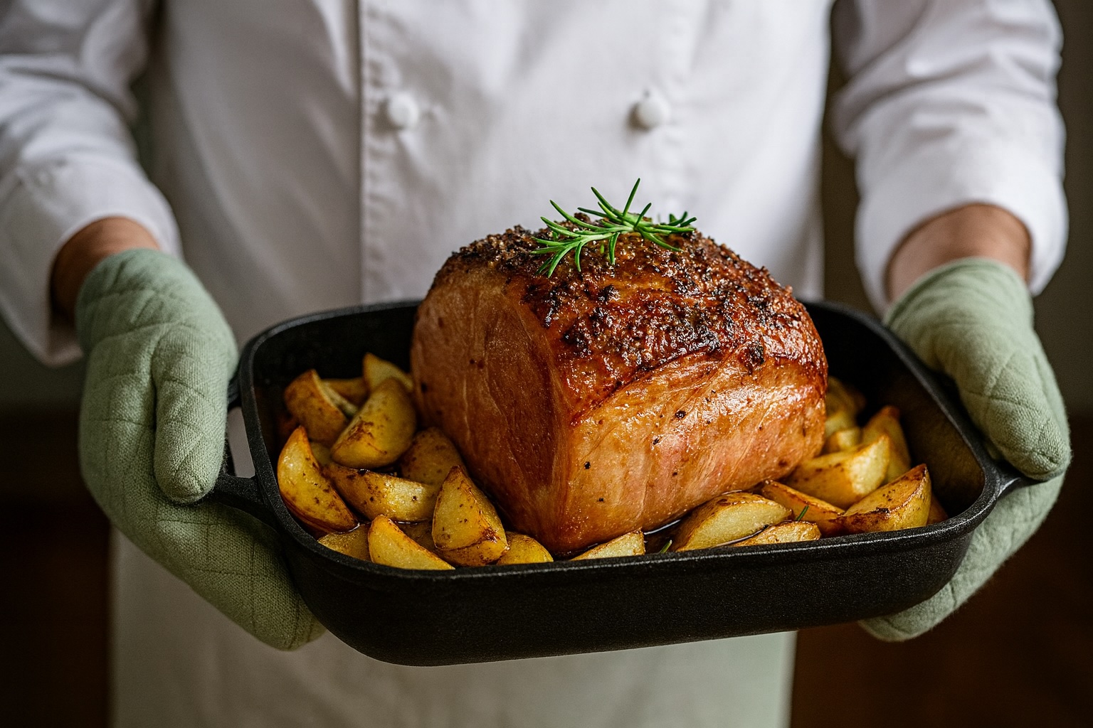 Italienischer Ofenbraten Arrosto di Maiale mit knuspriger Kruste, serviert auf Ofenkartoffeln in Bratform vom Koch präsentiert.