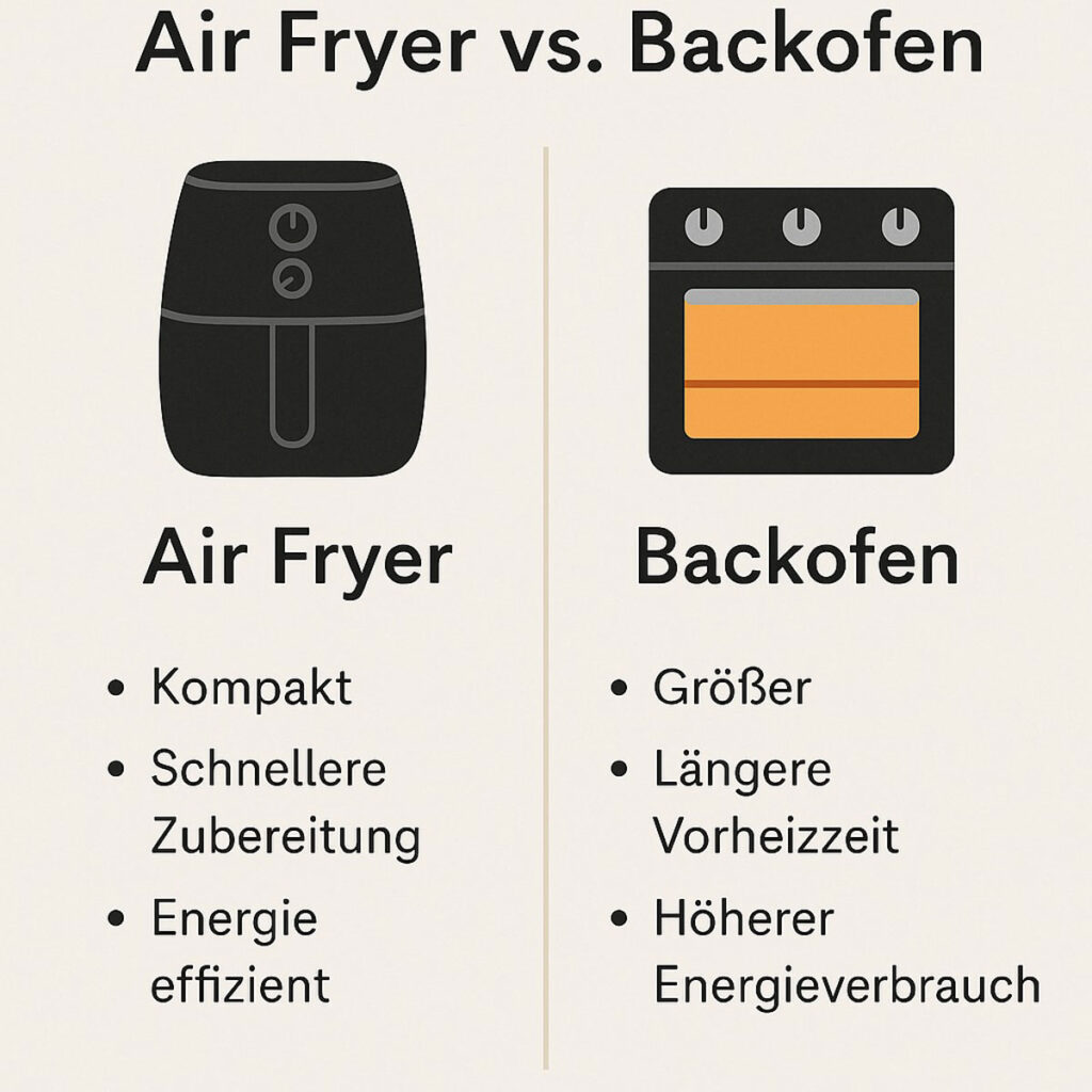 Vergleichsgrafik: Vorteile der Heißluftfritteuse gegenüber dem Backofen – kompakt, schneller und energieeffizient