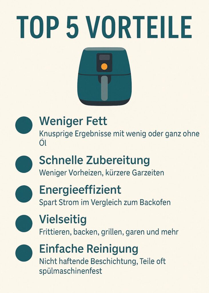 Infografik mit den Top 5 Vorteilen der Heißluftfritteuse: weniger Fett, schnelle Zubereitung, Energieeffizienz, Vielseitigkeit und einfache Reinigung