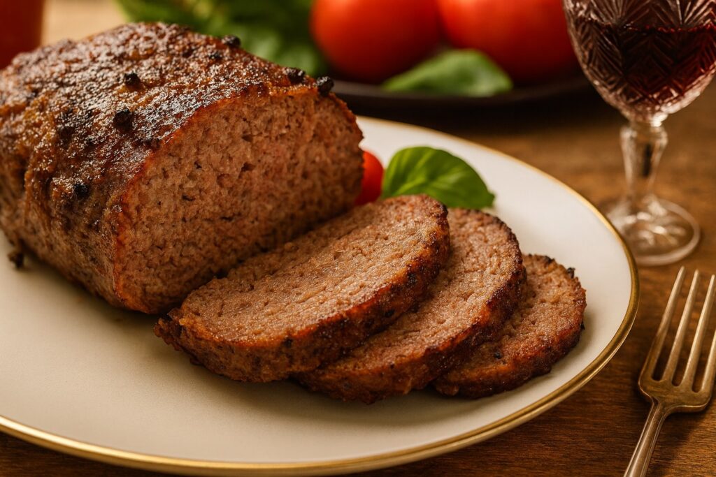 Nahaufnahme eines klassischen italienischen Polpettone aus Rinderhackfleisch, in Scheiben geschnitten und saftig gebraten – serviert auf einem edlen Porzellanteller mit Tomaten und Basilikum im Hintergrund.