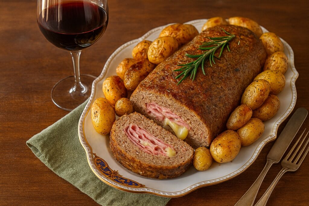 Polpettone mit Schinken und geschmolzenem Käse im Inneren, begleitet von goldbraunen Ofenkartoffeln und einem Glas Rotwein – serviert auf feinem Porzellan mit Rosmarinzweig.