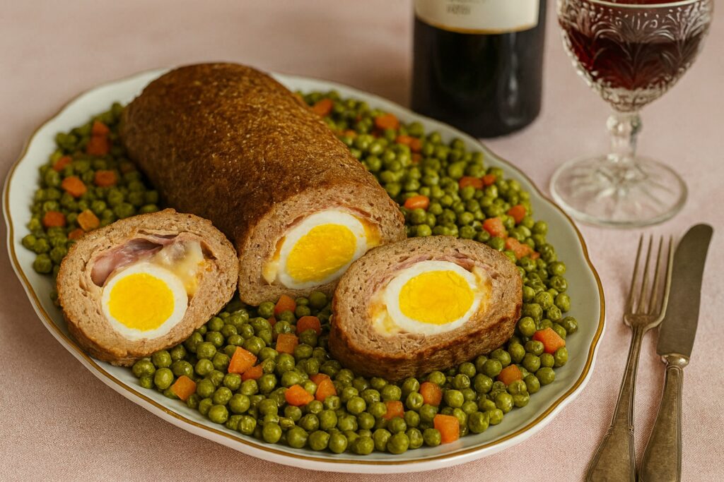 Klassischer italienischer Hackbraten mit Ei-Füllung, auf einem Bett aus Erbsen und Karotten angerichtet – perfekt für ein herbstliches oder festliches Mittagessen.