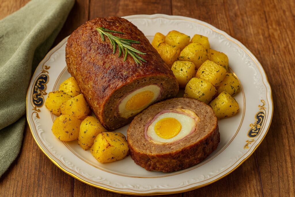 Hausgemachter Polpettone mit Ei und Schinken, umgeben von goldenen Kartoffelwürfeln – serviert auf einem antiken Teller mit floralen Motiven.