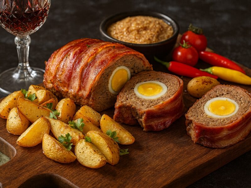 Rustikaler Polpettone al forno mit Ei-Füllung und knusprigem Baconmantel, begleitet von Ofenkartoffeln, Pfefferschoten und einem Glas italienischem Rotwein – herzhafte Spezialität aus der italienischen Hausmannskost.