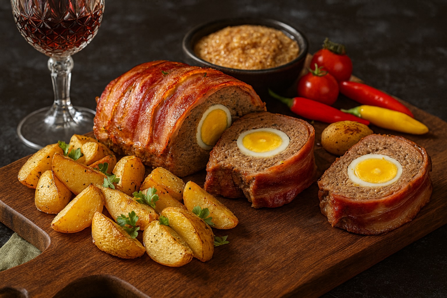 Rustikaler Polpettone al forno mit Ei-Füllung und knusprigem Baconmantel, begleitet von Ofenkartoffeln, Pfefferschoten und einem Glas italienischem Rotwein – herzhafte Spezialität aus der italienischen Hausmannskost.