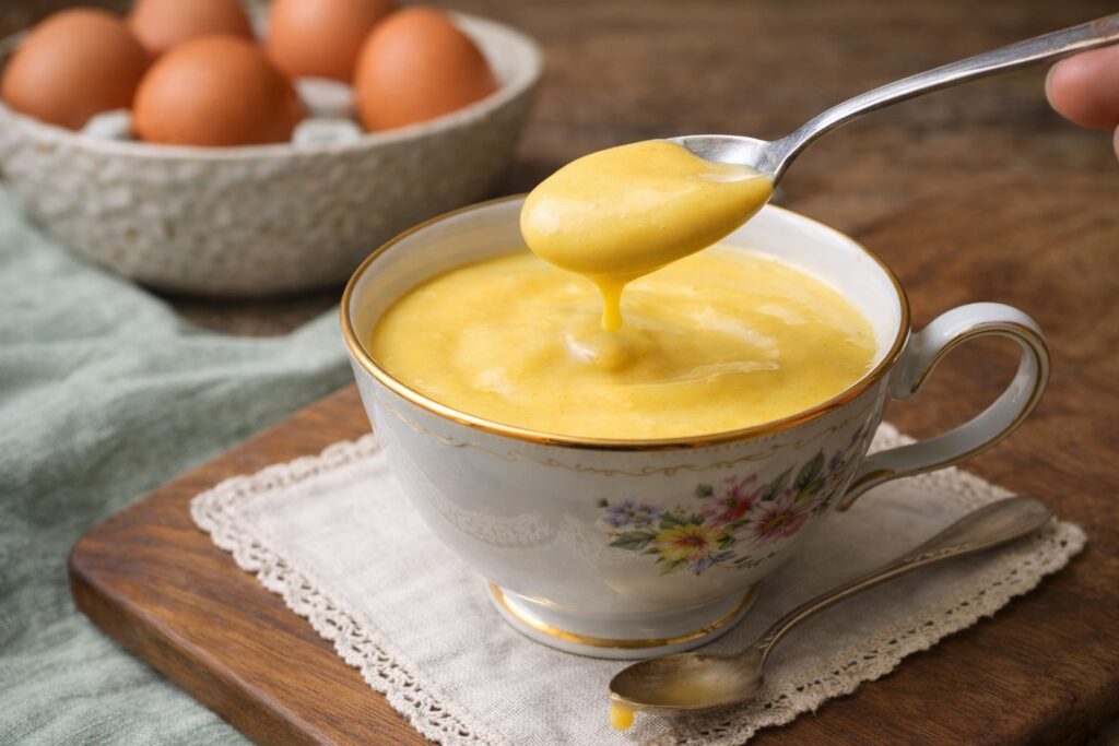 Frisch zubereitete italienische Zabaione-Creme in einer Vintage-Tasse mit Löffel, im Hintergrund braune Eier – traditionelles Dessert aus Eigelb und Marsala