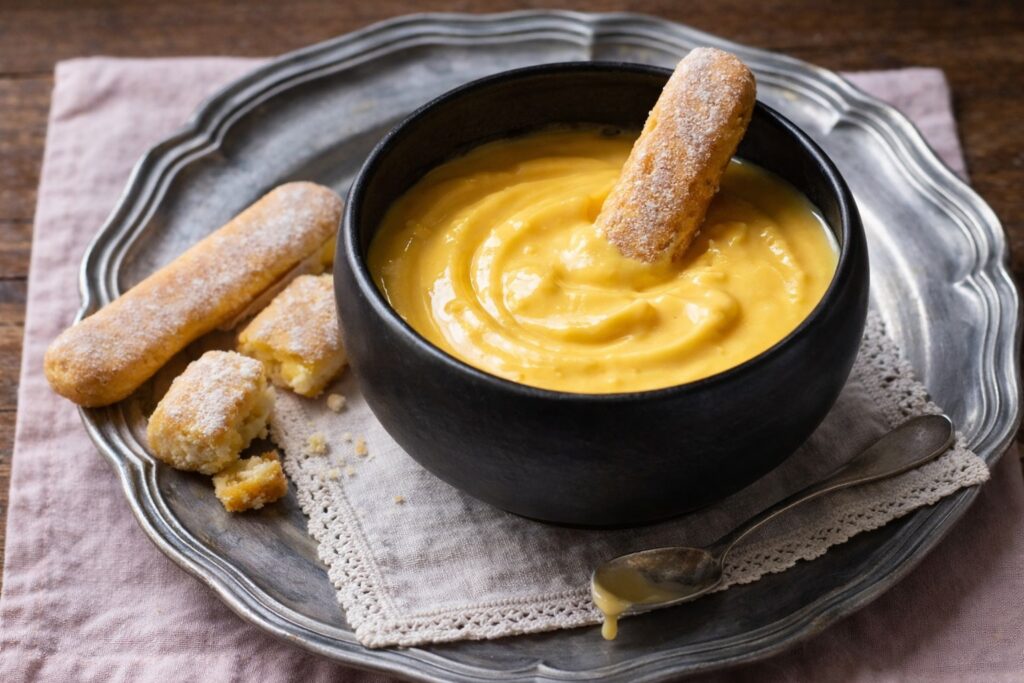 Zabaione-Creme in einer schwarzen Schale mit Löffelbiskuit – italienisches Dessert aus Eigelb, Zucker und Wein, cremig und hausgemacht