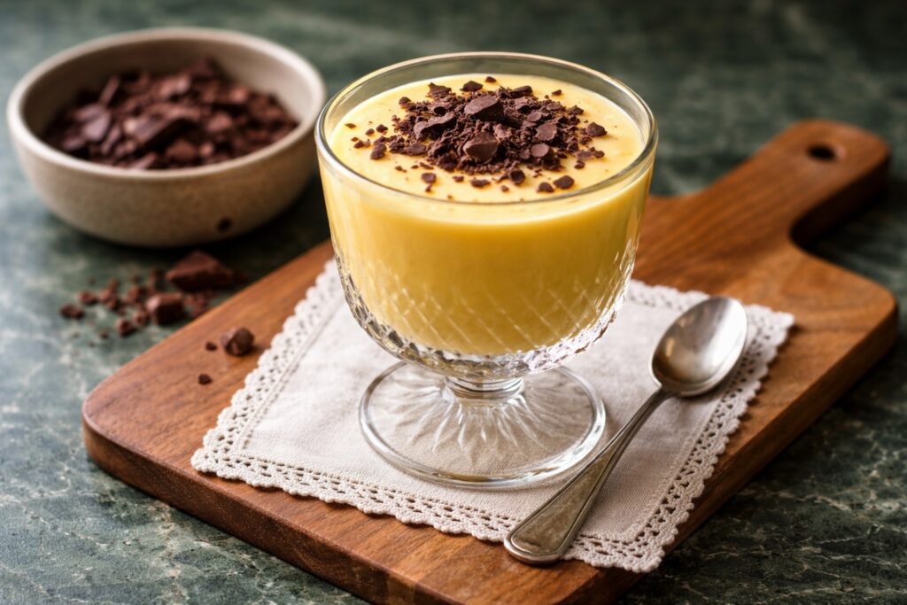 Italienische Zabaione in einem Kristallglas mit geraspelter Schokolade, serviert auf Holzbrett – klassische Kombination von Creme und Schokolade