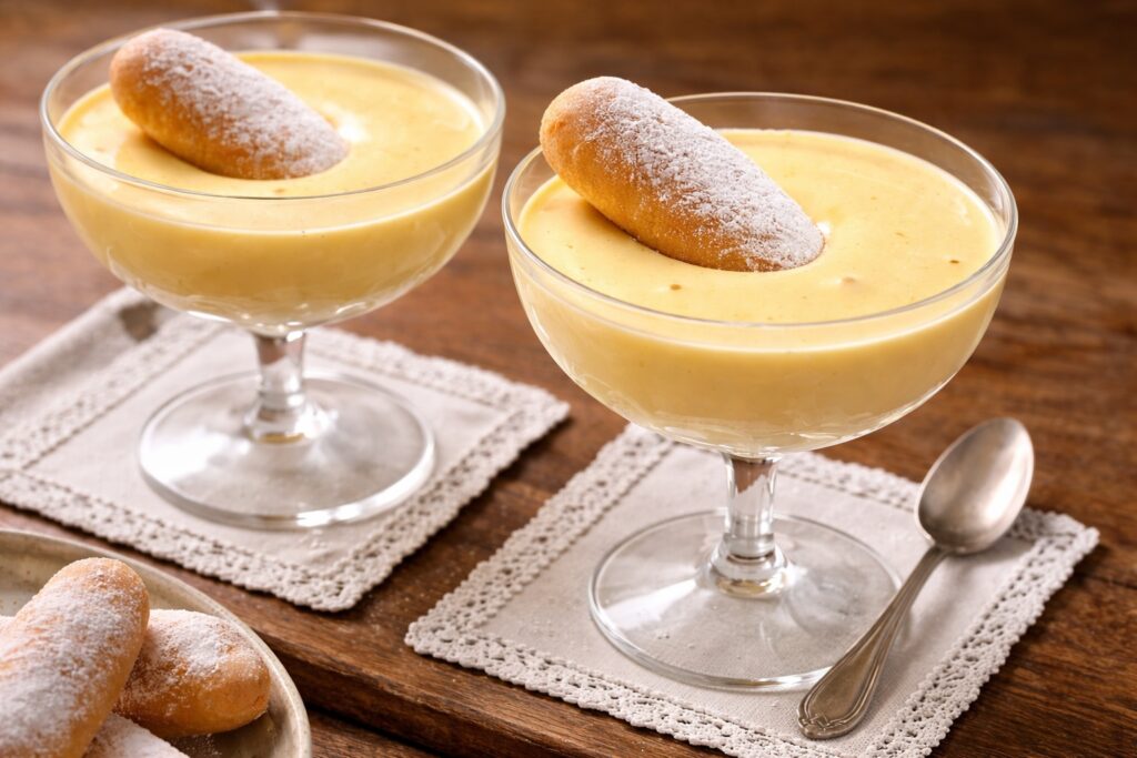 Zwei Gläser Zabaione mit Löffelbiskuit serviert, angerichtet auf Stoffservietten – luftige Weinschaumcreme nach original italienischem Rezept