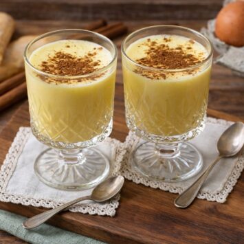 Italienische Zabaione-Creme in einem eleganten Glas serviert, bestreut mit Zimt, daneben frische Eier – klassisches Dessert-Rezept aus Italien