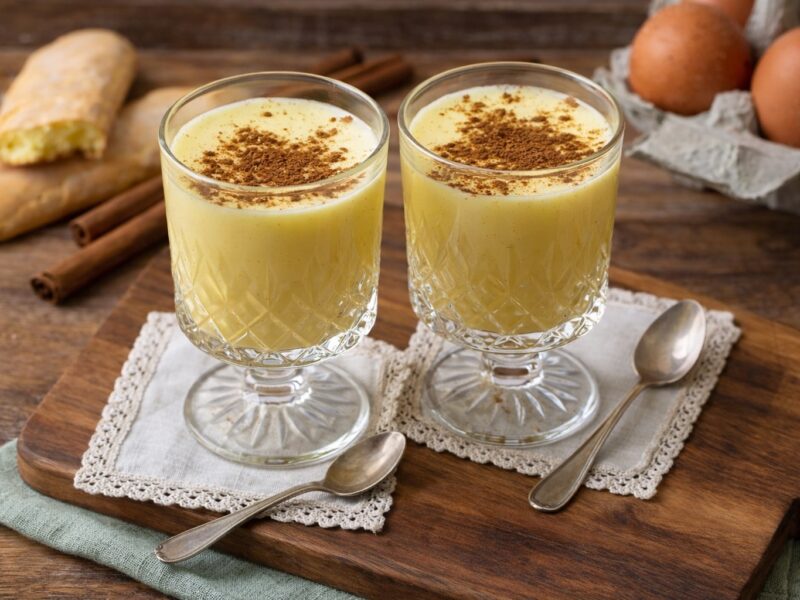 Italienische Zabaione-Creme in einem eleganten Glas serviert, bestreut mit Zimt, daneben frische Eier – klassisches Dessert-Rezept aus Italien