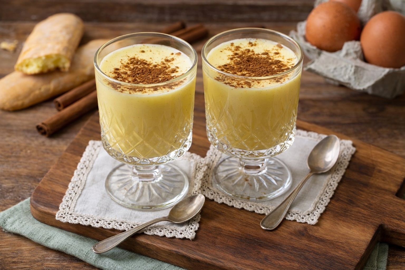 Italienische Zabaione-Creme in einem eleganten Glas serviert, bestreut mit Zimt, daneben frische Eier – klassisches Dessert-Rezept aus Italien