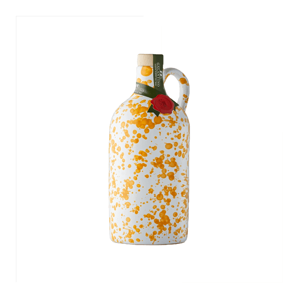 Natives Olivenöl Extra im Keramik-Orcio „Fantasia Giallo“, Frantoio Galantino. Feinkost aus Apulien