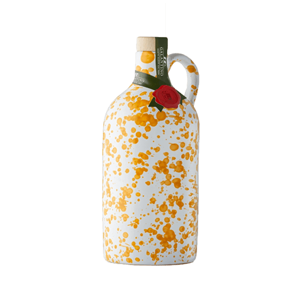 Natives Olivenöl Extra im Keramik-Orcio „Fantasia Giallo“ 500ml, Frantoio Galantino. Feinkost aus Apulien
