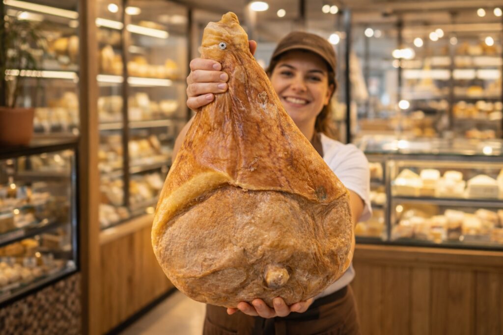 Verkäuferin präsentiert einen ganzen Prosciutto di Parma in einer italienischen Feinkosttheke – traditionell gereifter Rohschinken DOP.