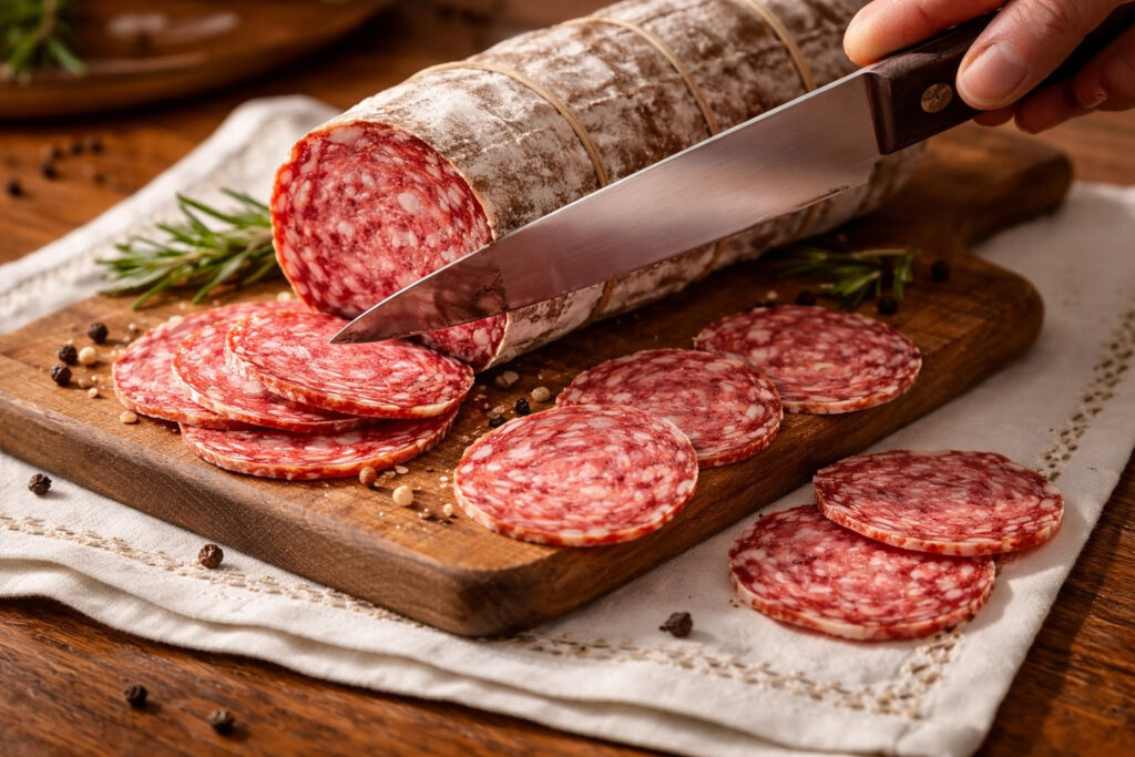 Italienischer Salame wird frisch geschnitten – traditionelle Rohwurst mit grober Marmorierung auf Holzbrett