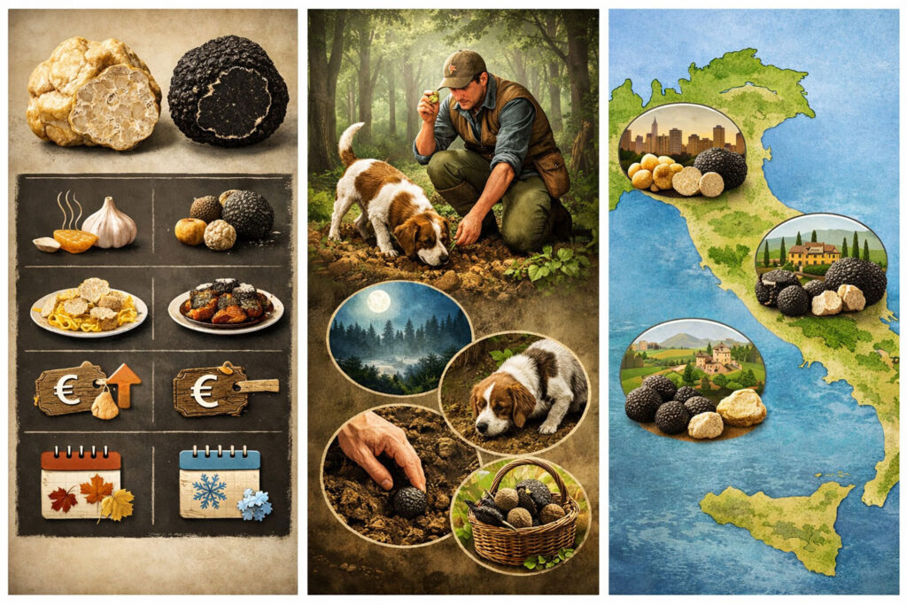 Infografik zu weißem und schwarzem Trüffel in Italien – Unterschiede zwischen Tartufo Bianco und Tartufo Nero, Verwendung in der Küche und Saisonalität.