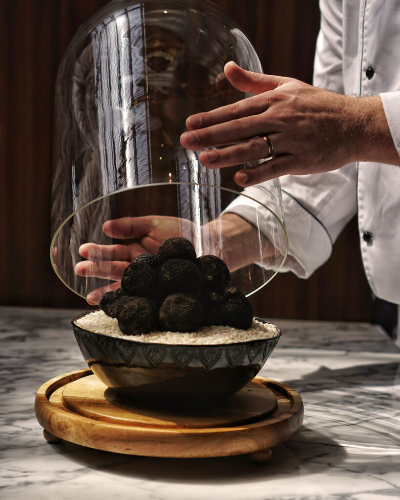 Frische schwarze Trüffel unter Glasglocke in der gehobenen Gastronomie – luxuriöse Präsentation von italienischem Tartufo Nero.