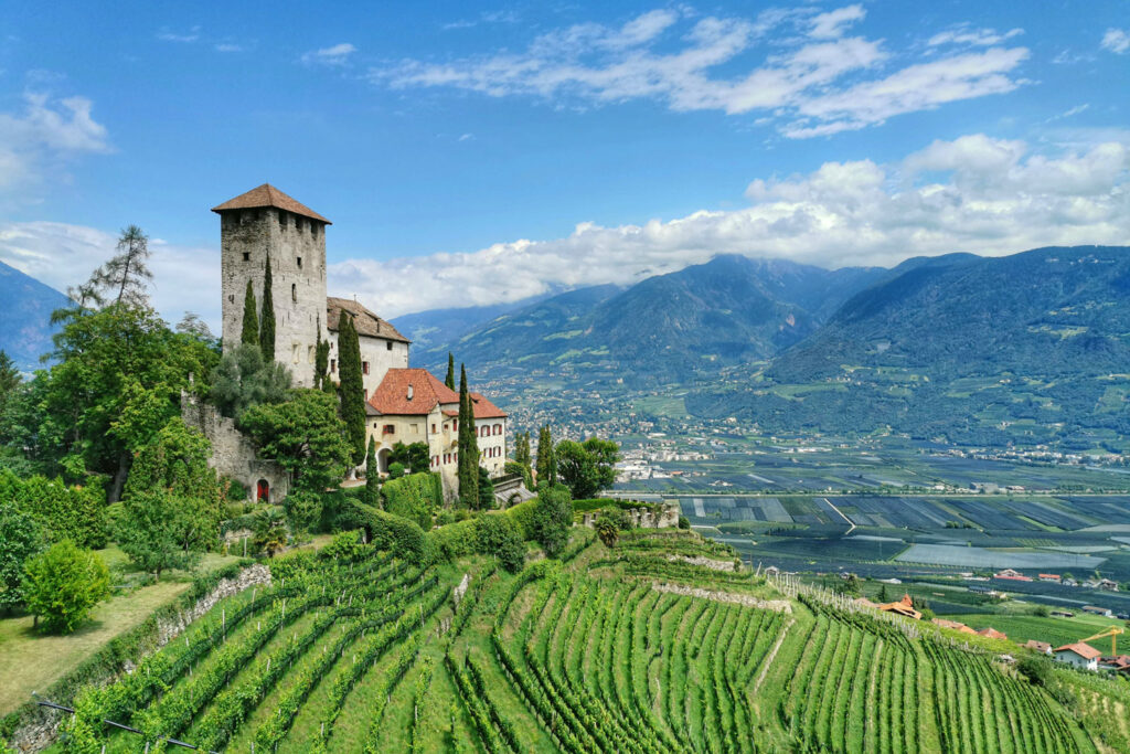 Schloss und Weinberge in alpiner Landschaft – charakteristische Region für hochwertigen Weißburgunder aus Südtirol.