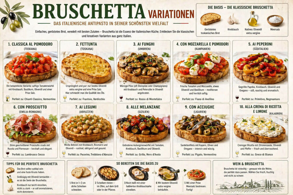 Bruschetta Variationen Infografik – klassische und kreative italienische Antipasti mit Tomaten, Pilzen, Prosciutto und Olivenöl.