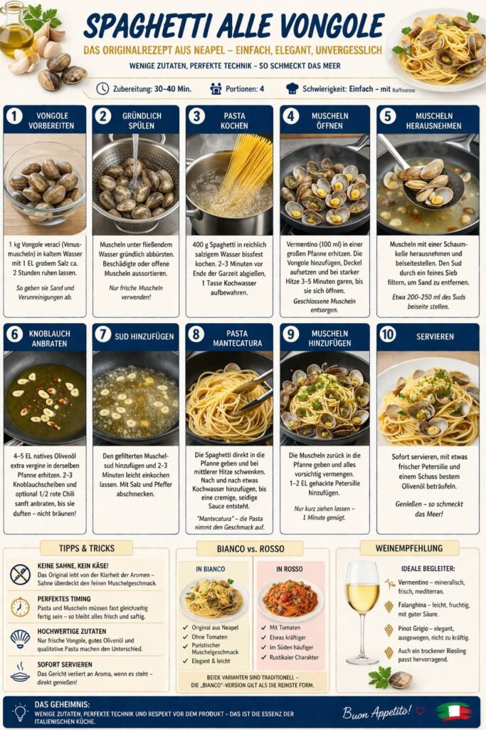 Spaghetti alle Vongole Rezept Infografik – Schritt-für-Schritt Anleitung für originale italienische Pasta mit Venusmuscheln, Knoblauch, Olivenöl und Weißwein