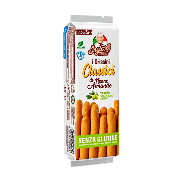 Glutenfreie vegane Grissini 60 g, Inglese • Mit 7 % nativem Olivenöl extra