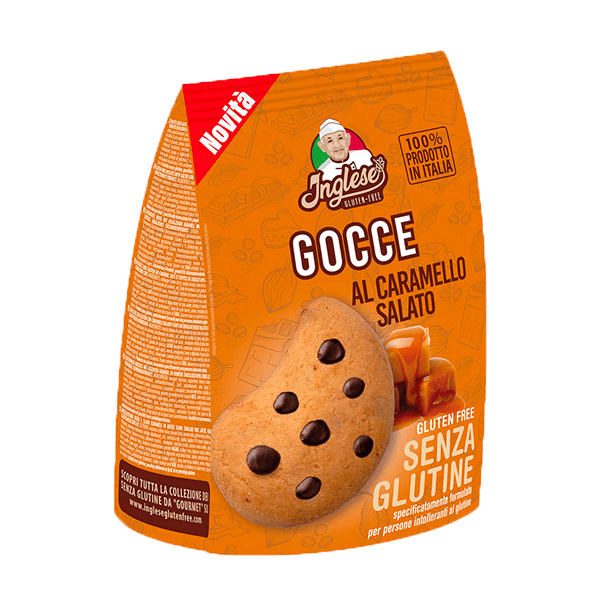 Glutenfreie Salzkaramell-Kekse 200 g, Inglese • Gocce mit Zartbitterschokolade